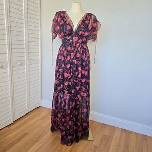 Clara Fontenelle Sheer Floral Maxi Dress Size S Romantic Dark Feminine Open Back